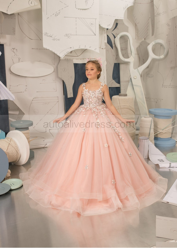 Spaghetti Straps Peach Lace Tulle Pearls Beaded Flower Girl Dress Spaghetti Straps Peach Lace Tulle Pearls Beaded Flower Girl Dress